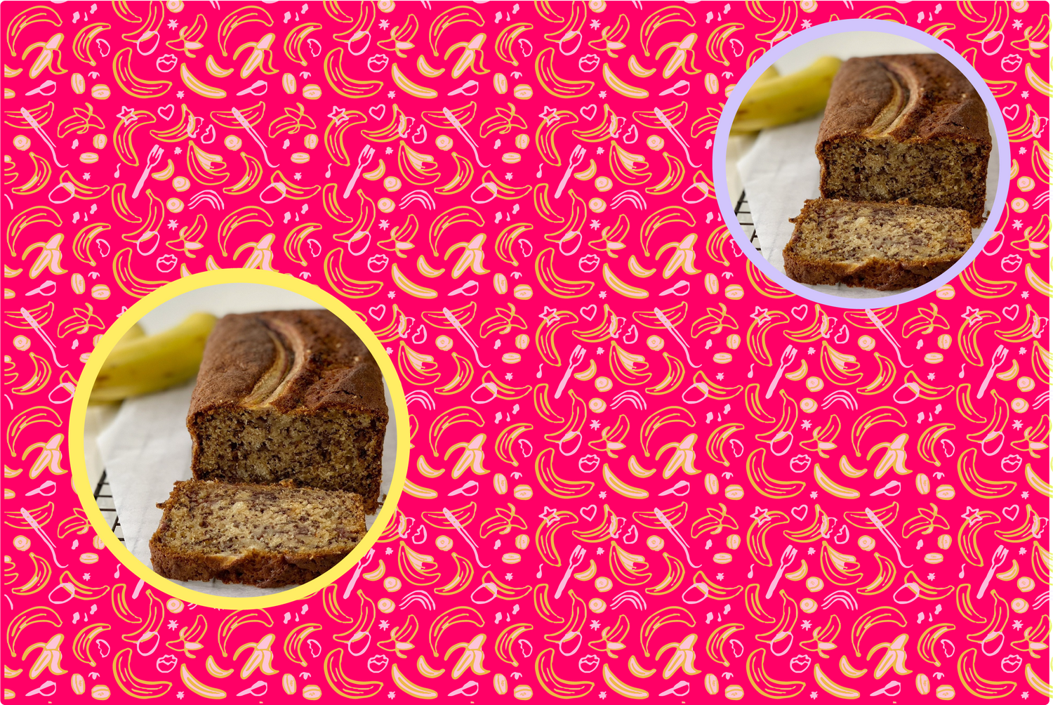 two images of baked at 8's banana bread with a background full of bananas