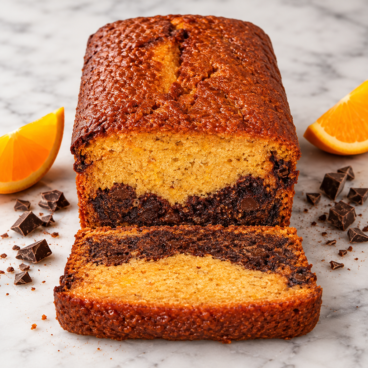 Baked at 8 Chocolate & Orange loaf with a slice, orange wedges and chocolate pieces on white marble